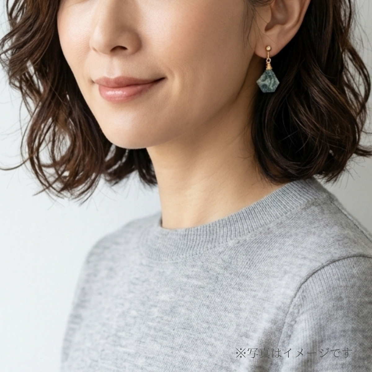 モスアゲート 一粒イヤリング｜ナチュラル｜上品｜デイリーアクセ｜天然石アクセサリー｜40代｜14kgf