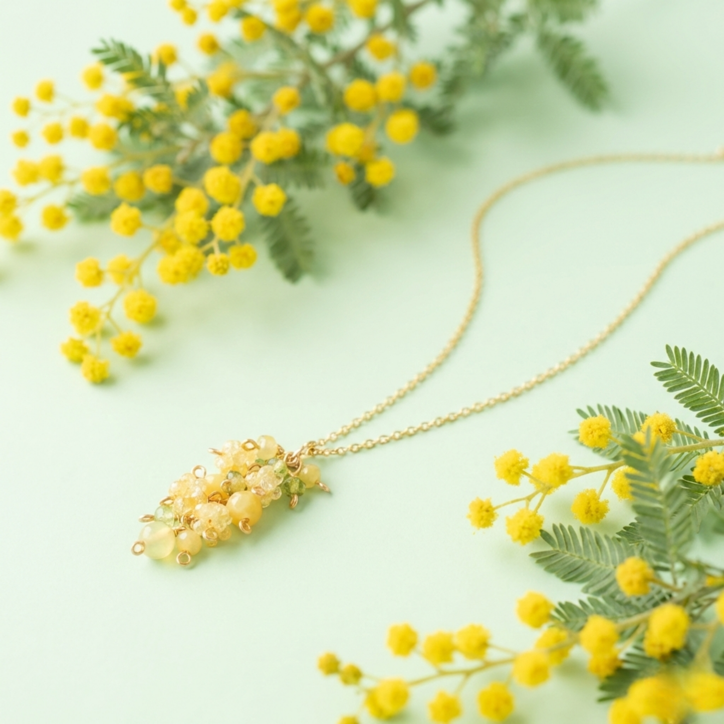 【★送料無料★】【✦14kgf金属アレルギー対応✦】天然石　〜10月の誕生石〜ふわふわミモザのイエローオパールネックレス