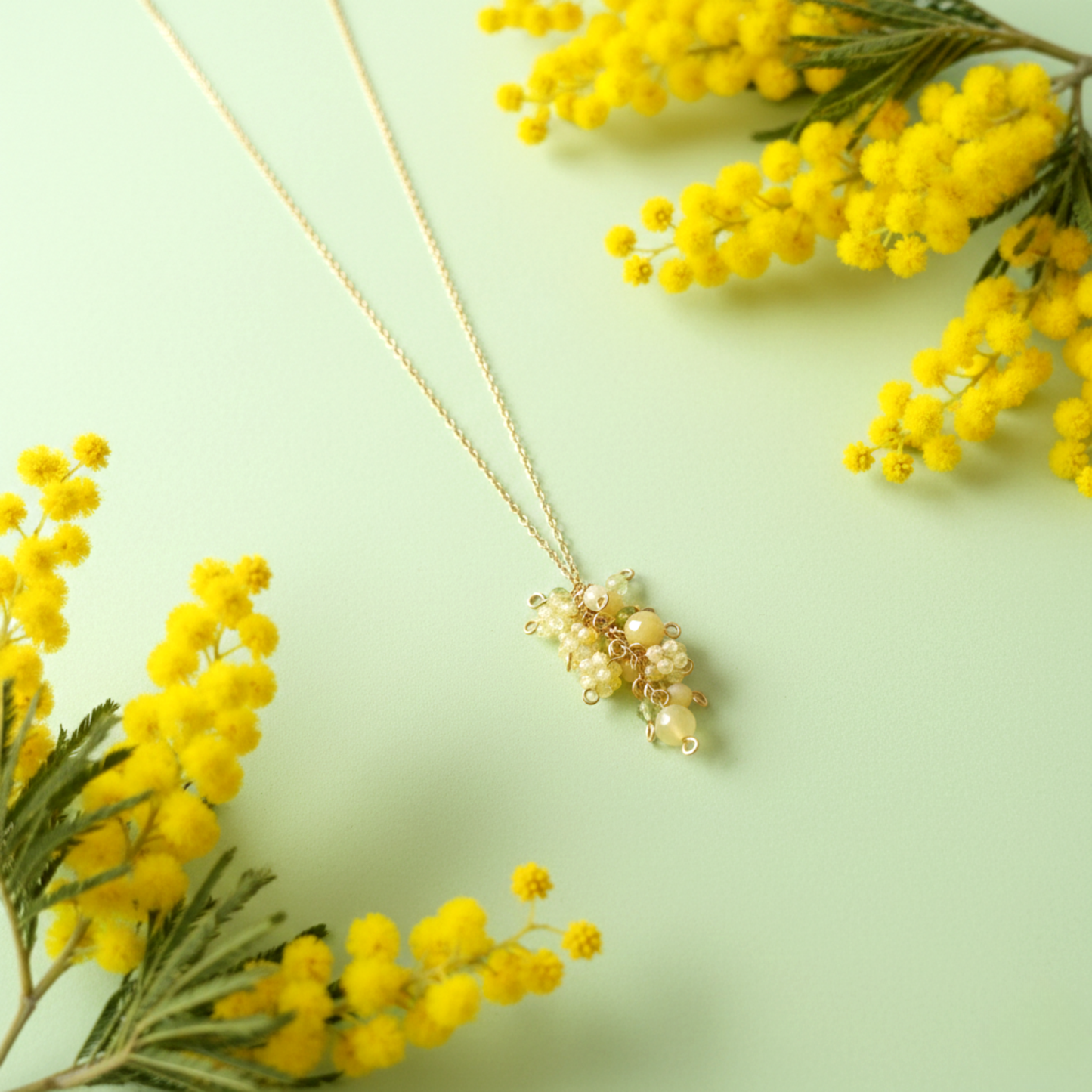 【★送料無料★】【✦14kgf金属アレルギー対応✦】天然石　〜10月の誕生石〜ふわふわミモザのイエローオパールネックレス