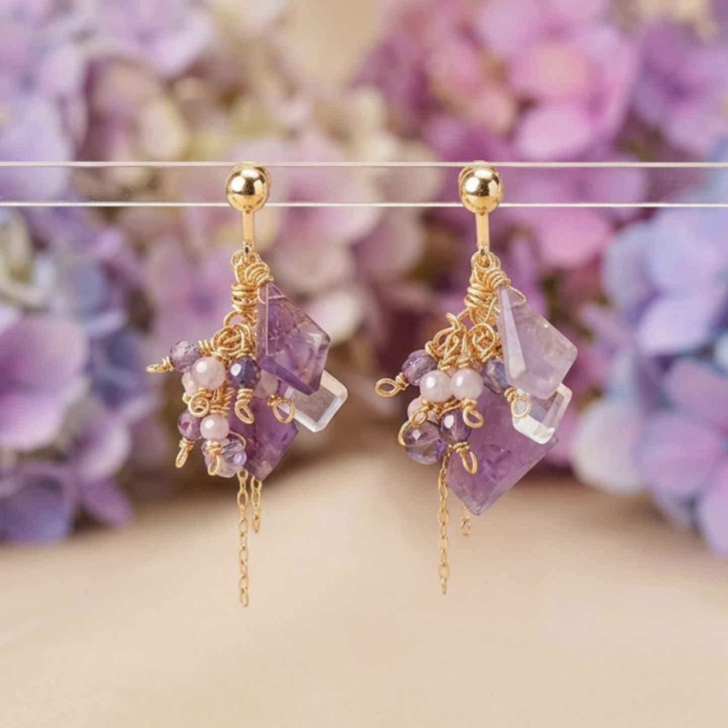 【★送料無料★】【14kgf金属アレルギー対応】 〜2月の誕生石〜 藤の花揺れるアメジストイヤリング
