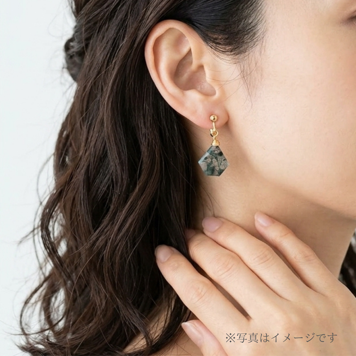 モスアゲート 一粒イヤリング｜ナチュラル｜上品｜デイリーアクセ｜天然石アクセサリー｜40代｜14kgf