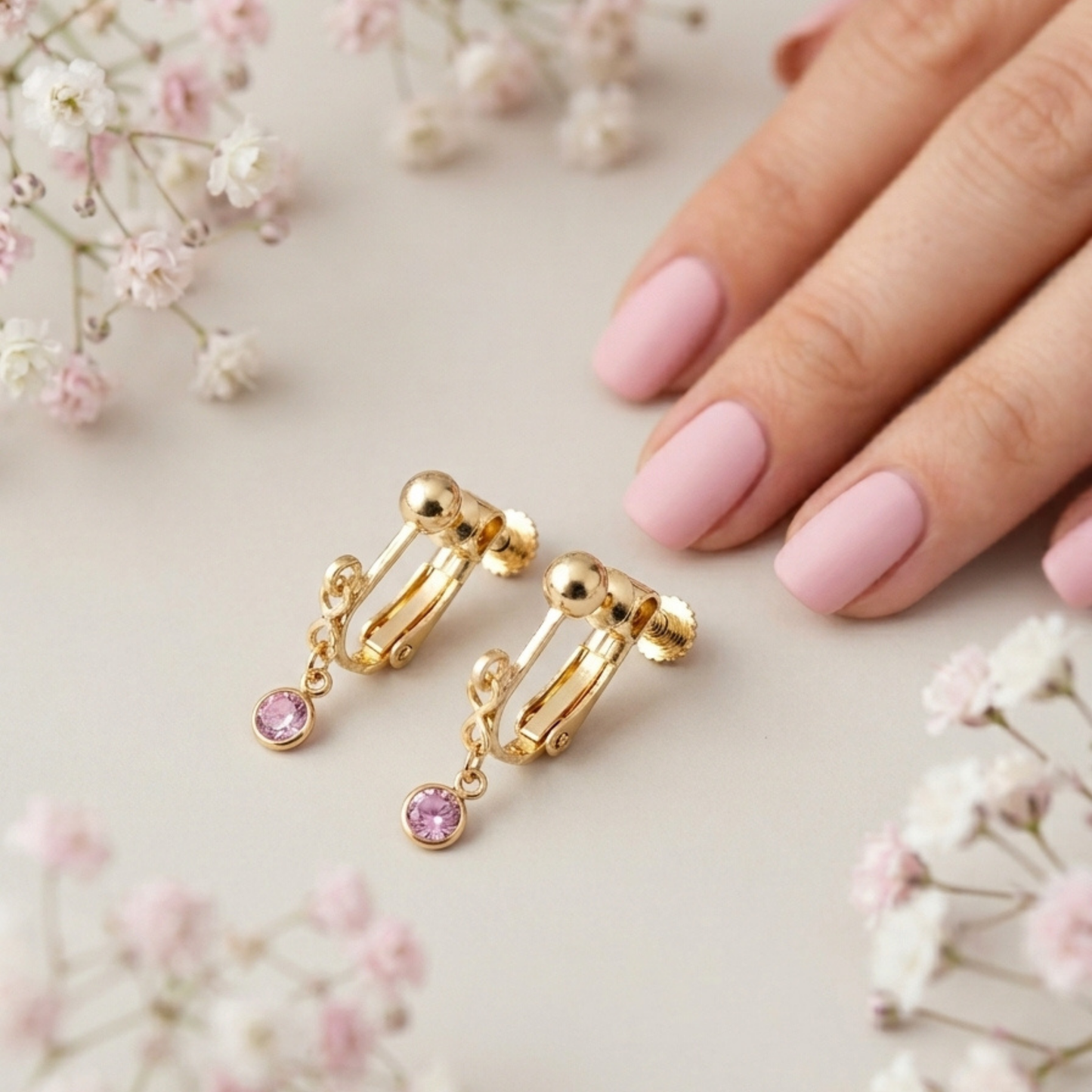 【★送料無料★】シンプルで上品、オフィスにも使える天然石イヤリング｜4月誕生石モアサナイト｜天然石アクセサリー｜14kgf金属アレルギー対応
