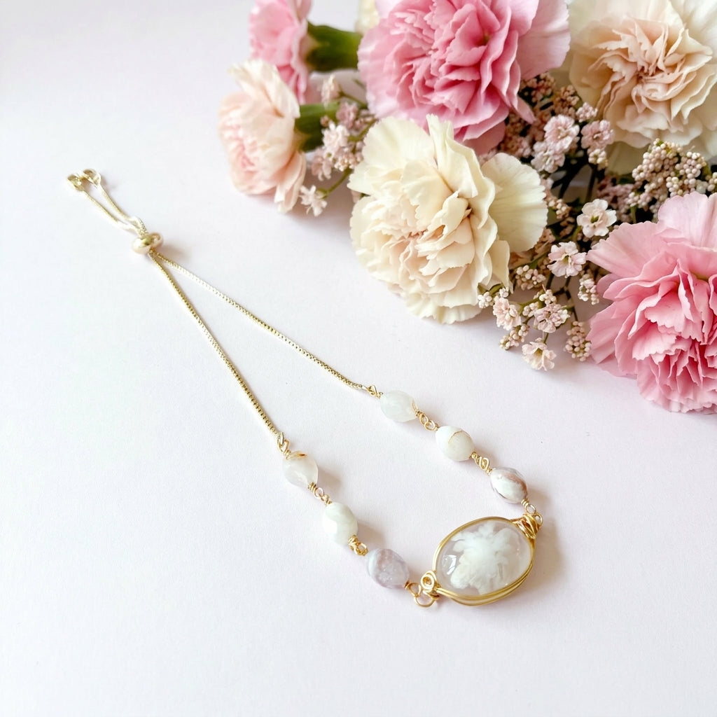 送料無料【✦14kgf金属アレルギー対応✦】天然石 桜の季節限定･:*チェリーブロッサムアゲートのブレスレット