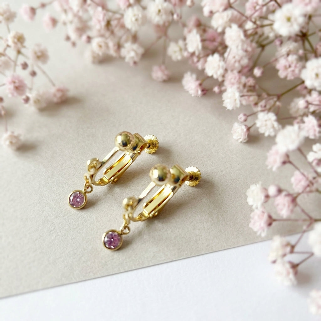 【★送料無料★】シンプルで上品、オフィスにも使える天然石イヤリング｜4月誕生石モアサナイト｜天然石アクセサリー｜14kgf金属アレルギー対応