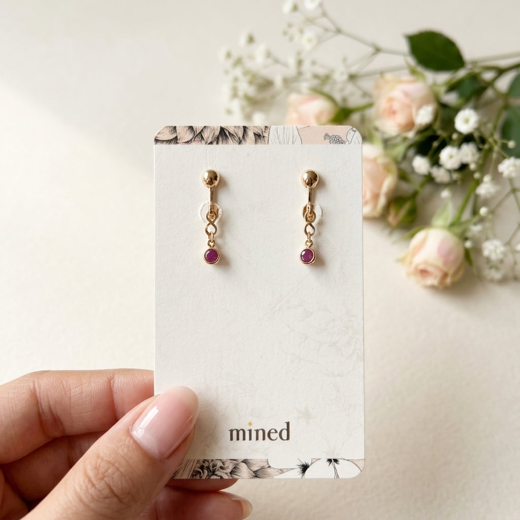 シンプルで上品、オフィスにも使える天然石イヤリング｜7月誕生石ルビー｜天然石アクセサリー｜14kgf