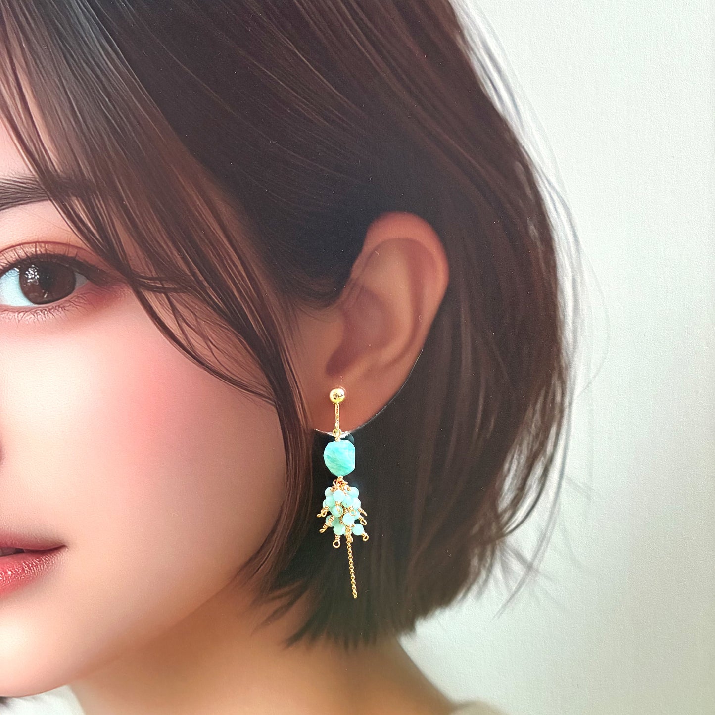 アマゾナイト 揺れるイヤリング｜天然石×チェーン｜上品ブルーグリーン｜天然石アクセサリー｜14kgf