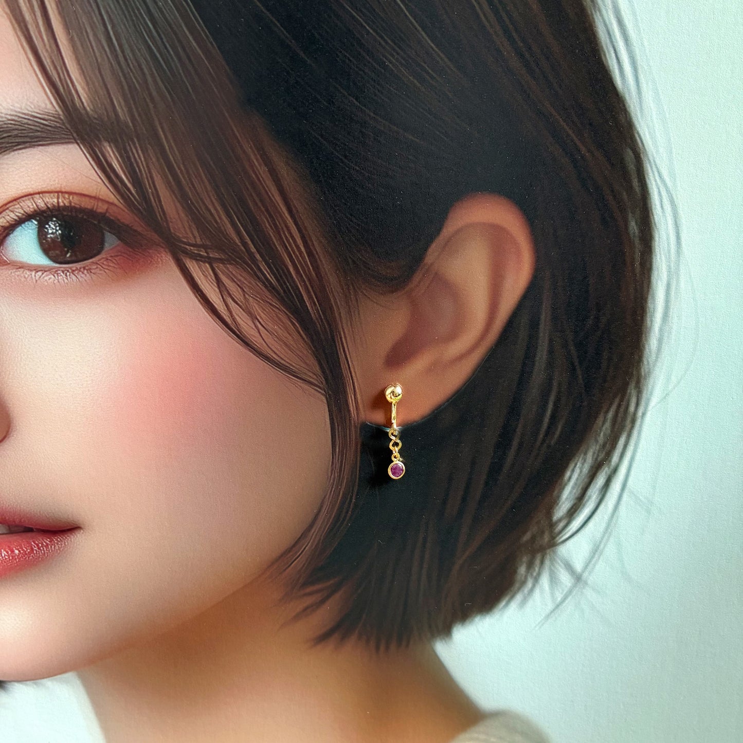 シンプルで上品、オフィスにも使える天然石イヤリング｜7月誕生石ルビー｜天然石アクセサリー｜14kgf